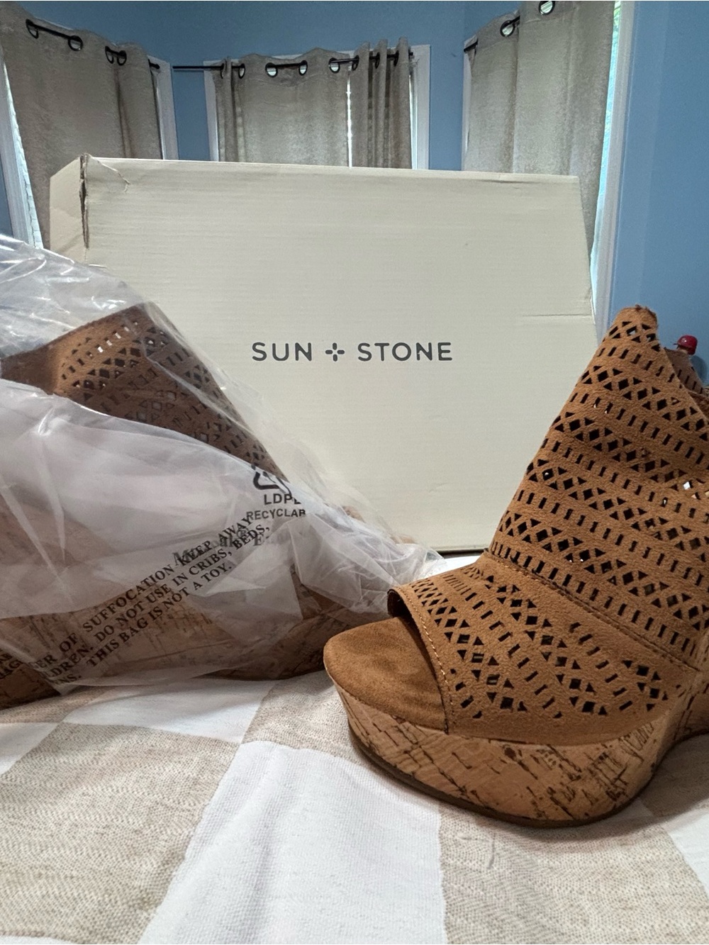 Brand New Sun + Stone Tan Laser-Cut Cork Wedge Sandals